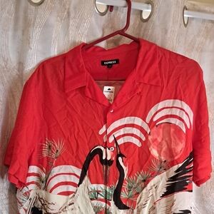 Express Red Crane Print Short-Sleeve Button-Down Shirt